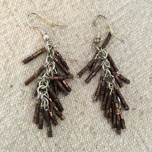 Shiny Brown Bead Tassels Earrings Silver Tone